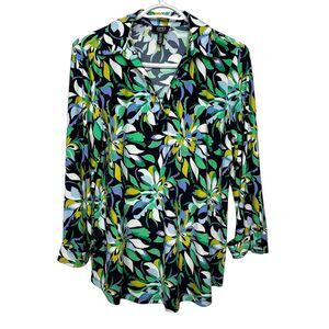 Jones New York Signature Blouse Medium Navy Multicolor Floral Print Long Sleeve